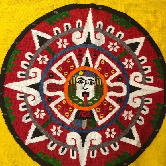 Vintage Yellow Aztec Calendar Rug Runner Tapestry - Picture 3 of 8